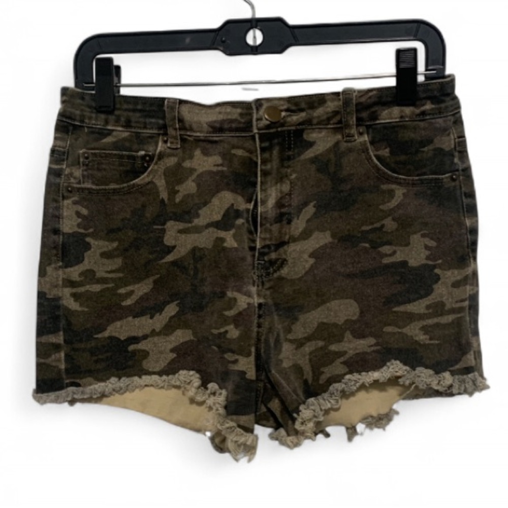 Denim by Ellison Camouflage Print Frayed Hems High Rise Shorts